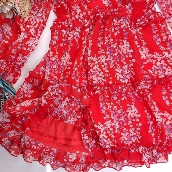 Red Pink Floral Boho Gorgeous Keyhole Back Dress Size M - Picture 3 of 14